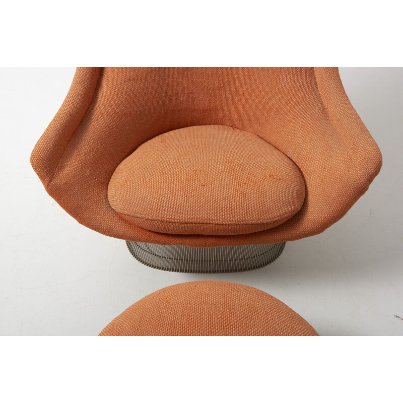 Vintage 1705 lounge chair with footrest for Knoll International in orange fabric 1960s