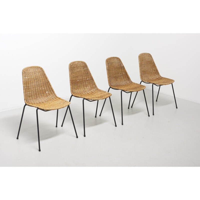 Suite de 4 chaises vintage de Gian Franco Legler en rotin 1950