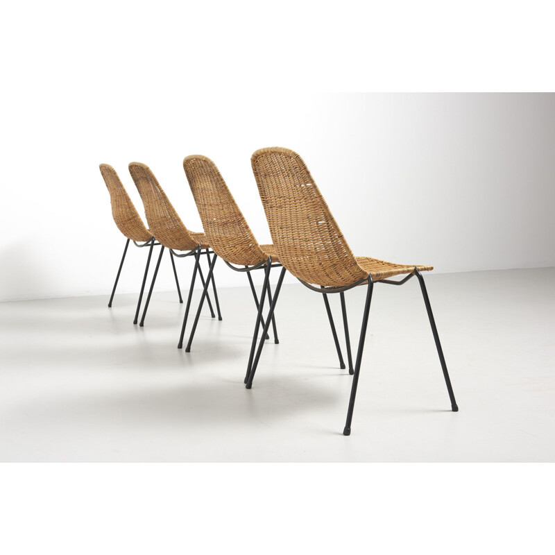 Suite de 4 chaises vintage de Gian Franco Legler en rotin 1950