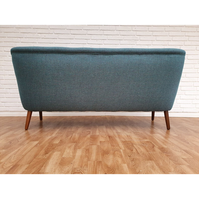 Vintage danish 2,5 seater sofa in beechwood and blue fabric 1960s