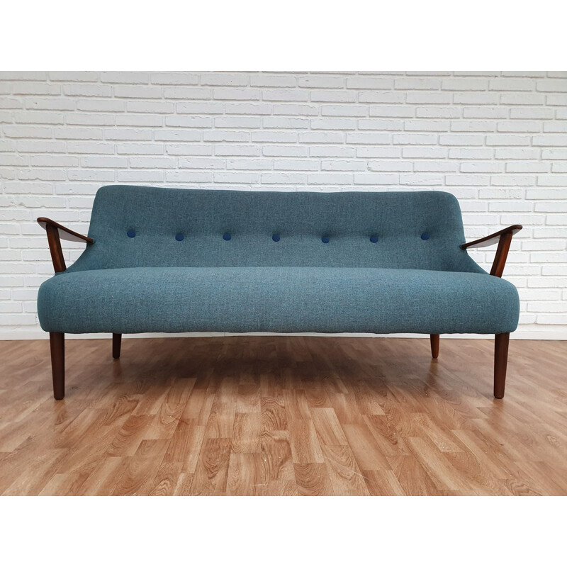 Vintage danish 2,5 seater sofa in beechwood and blue fabric 1960s