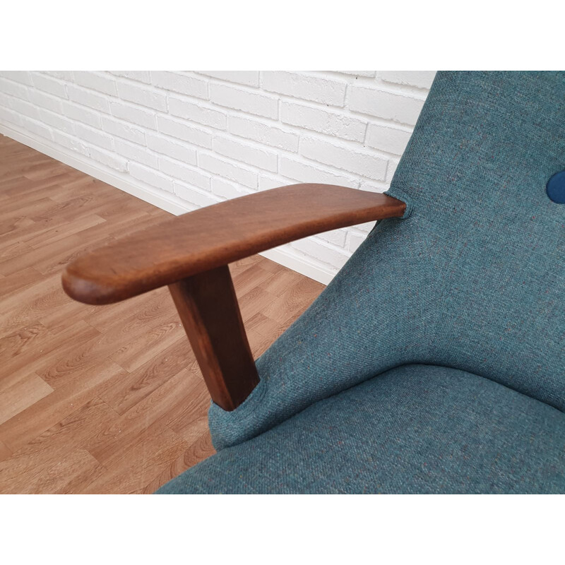 Vintage danish 2,5 seater sofa in beechwood and blue fabric 1960s