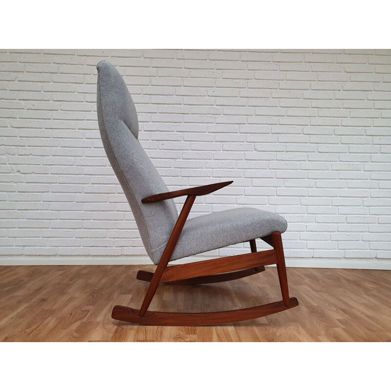 Vintage scandinavian rocking chair in teak and grey wool 1960s