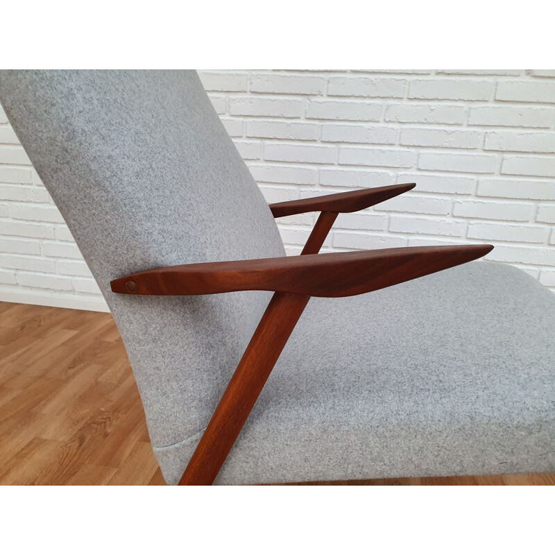 Fauteuil vintage scandinave à bascule en teck et laine grise 1960