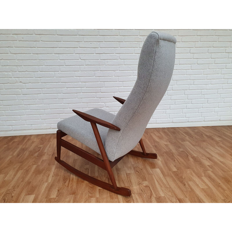 Vintage scandinavian rocking chair in teak and grey wool 1960s