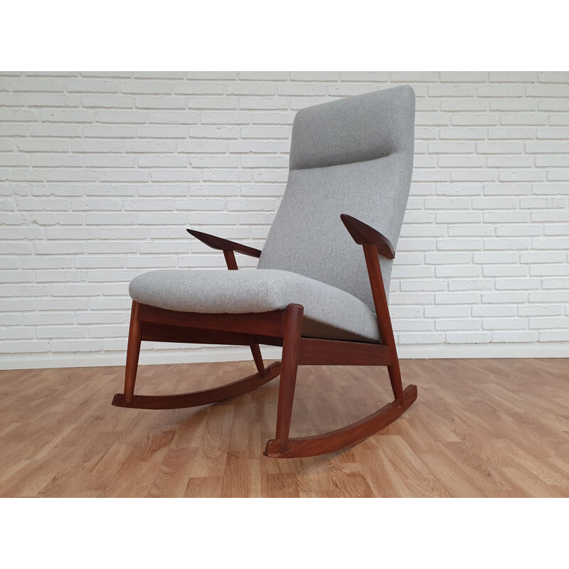 Vintage scandinavian rocking chair in teak and grey wool 1960s