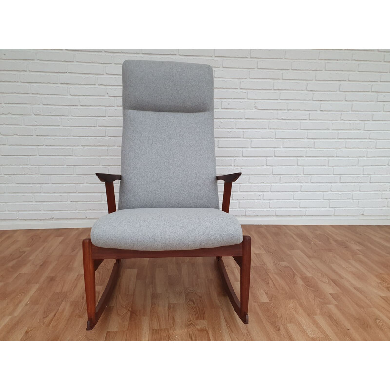 Vintage scandinavian rocking chair in teak and grey wool 1960s