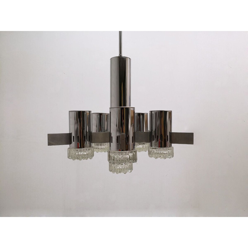 Gaetano Sciolari vintage chandelier in chrome and brushed steel 1970