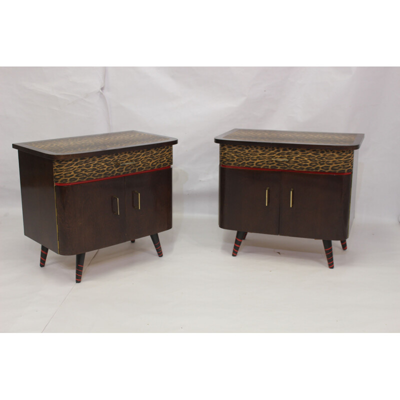 Pair of vintage night stands with printed cover, 1950-1960