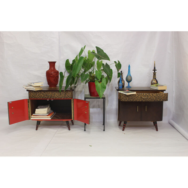 Par de mesas de cabeceira vintage com capa impressa, 1950-1960