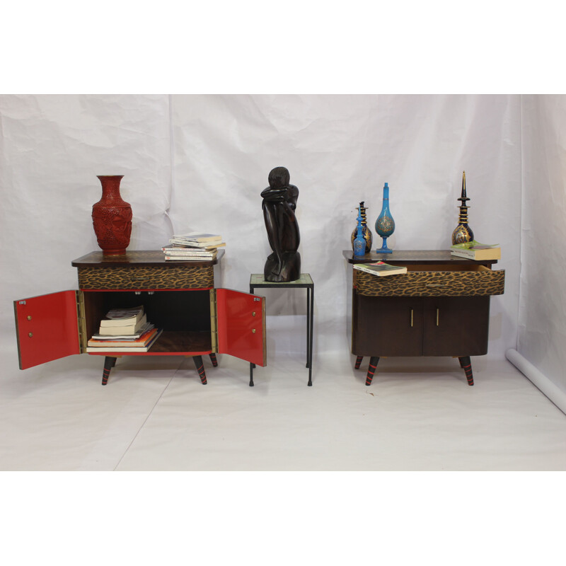 Pair of vintage night stands with printed cover, 1950-1960