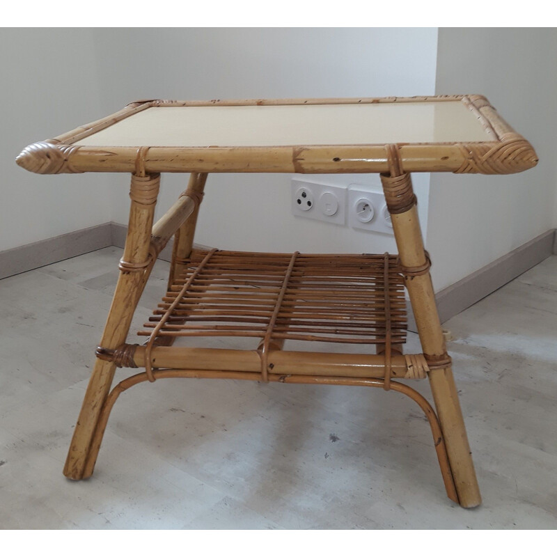 Vintage coffee table in rattan and bamboo France 1950 