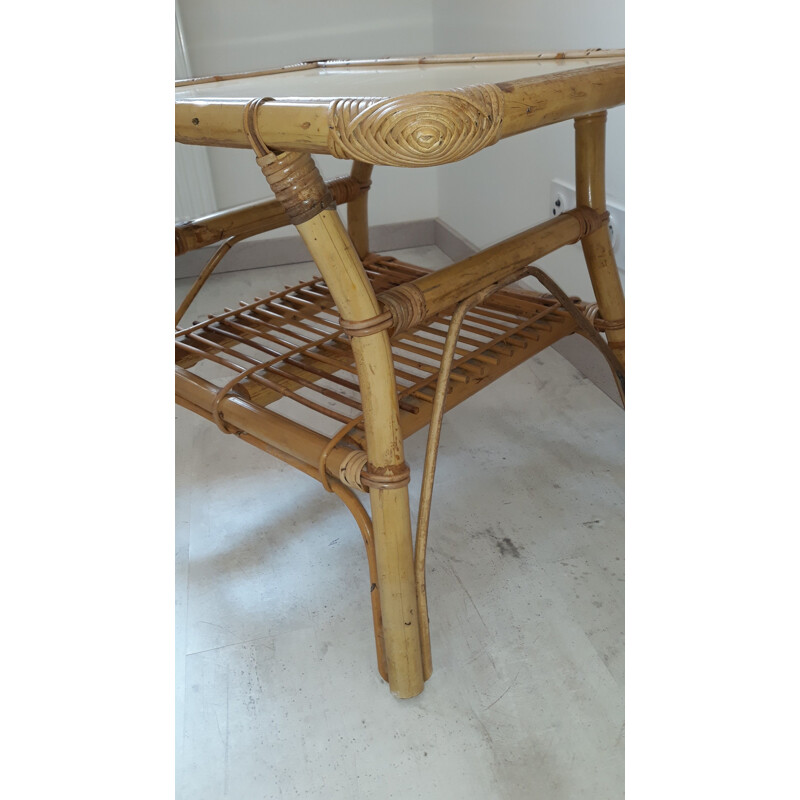 Vintage coffee table in rattan and bamboo France 1950 