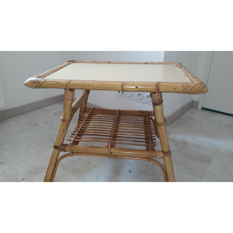 Vintage coffee table in rattan and bamboo France 1950 