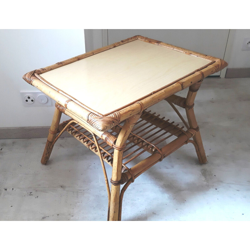 Vintage coffee table in rattan and bamboo France 1950 