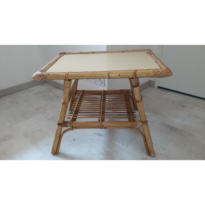 Vintage coffee table in rattan and bamboo France 1950 