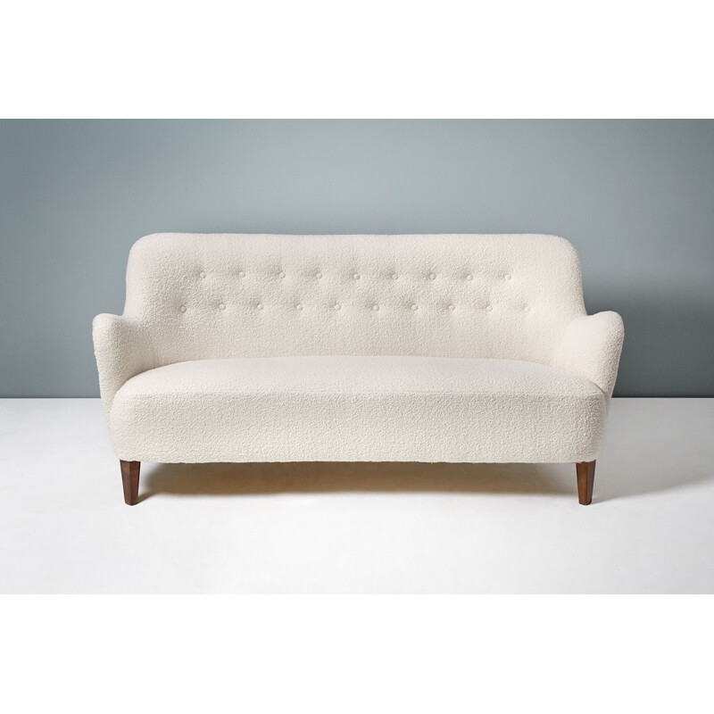 Vintage swedish sofa by Carl Malmsten in white wool and beech 1950s