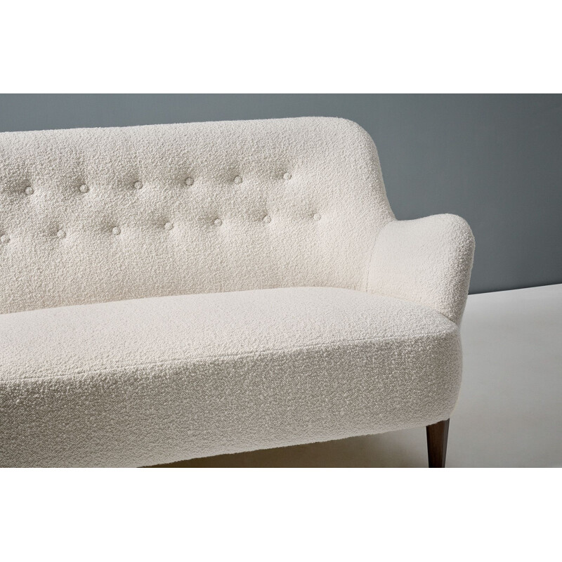 Vintage swedish sofa by Carl Malmsten in white wool and beech 1950s