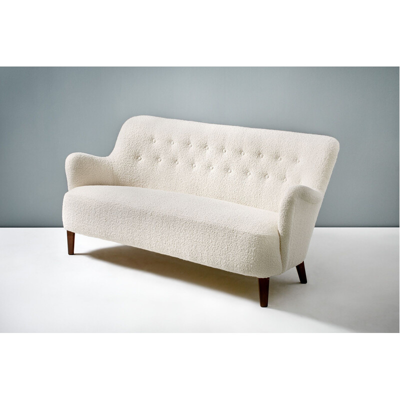 Vintage swedish sofa by Carl Malmsten in white wool and beech 1950s