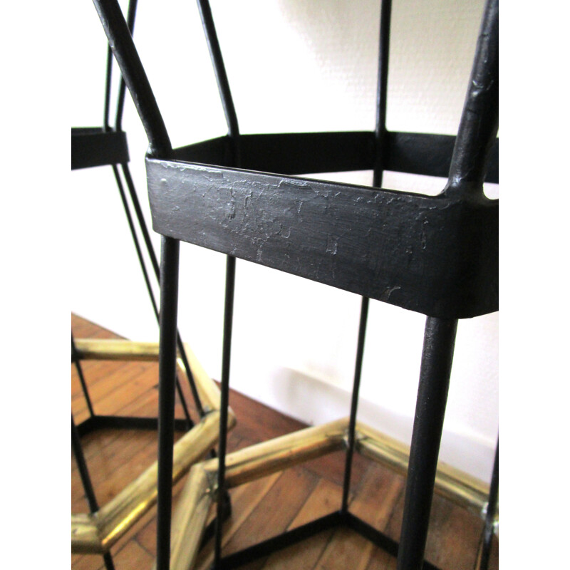 Trio of vintage bar stools in brass and black metal 1980