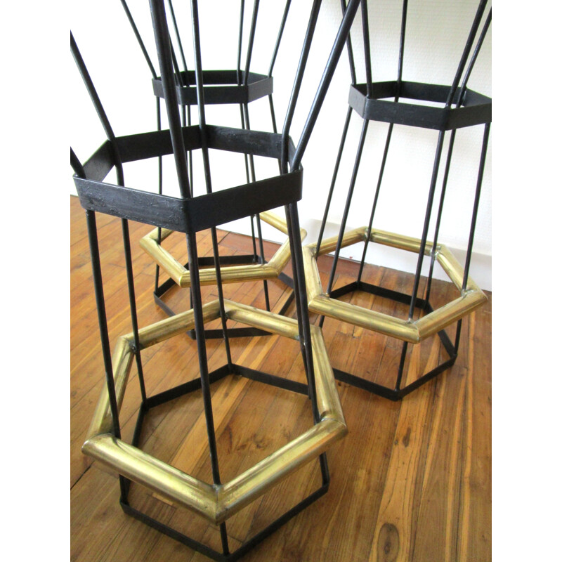 Trio of vintage bar stools in brass and black metal 1980