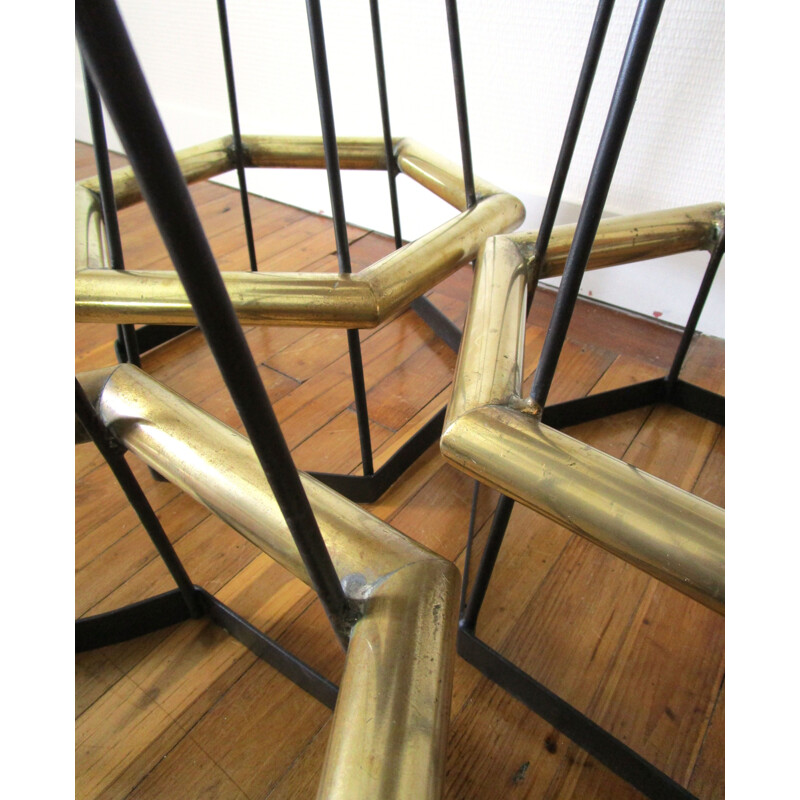 Trio of vintage bar stools in brass and black metal 1980