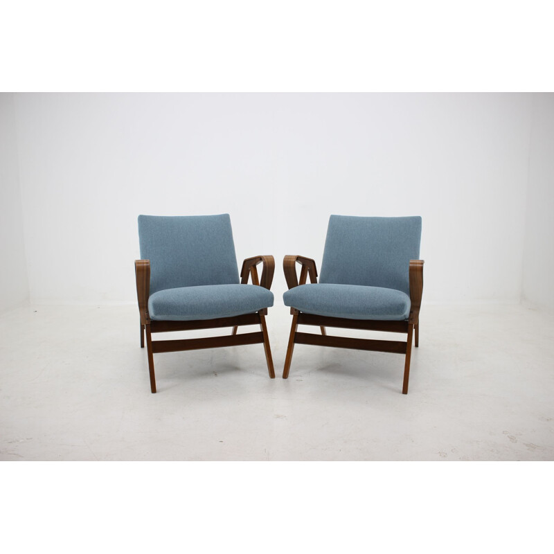 Set of 2 vintage armchairs by Tatra Czechoslovakia in blue fabric and wood 1970s