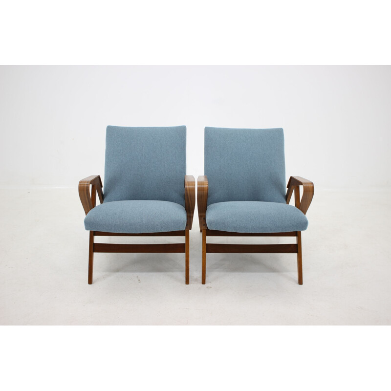 Set of 2 vintage armchairs by Tatra Czechoslovakia in blue fabric and wood 1970s