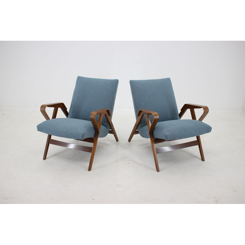 Set of 2 vintage armchairs by Tatra Czechoslovakia in blue fabric and wood 1970s