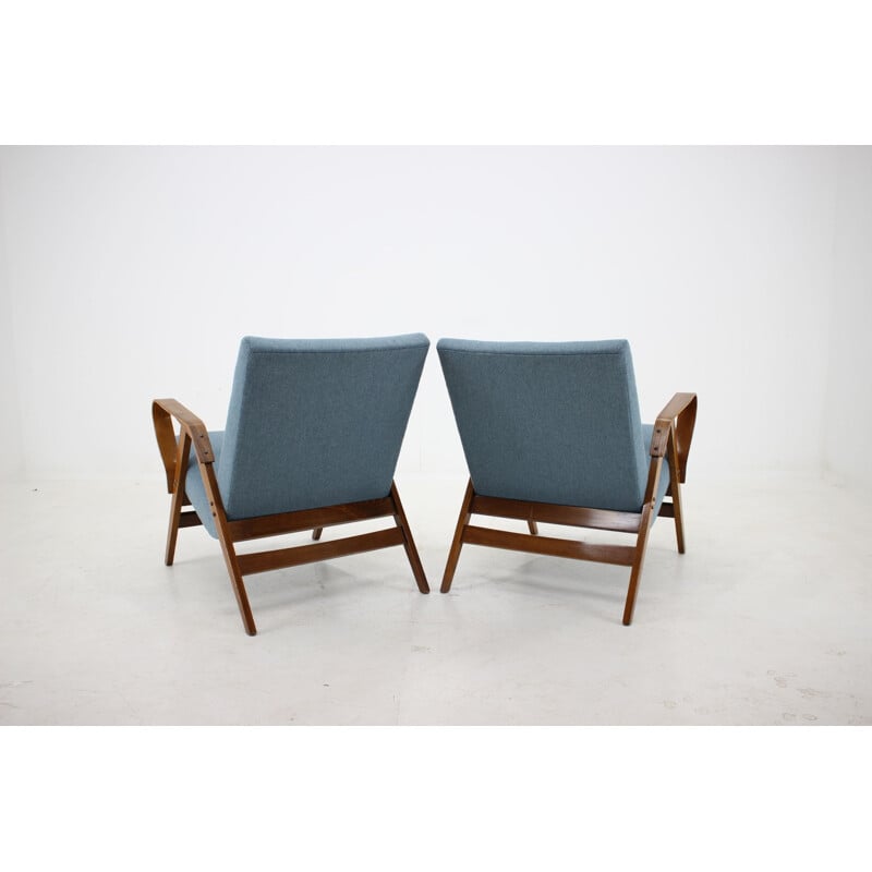 Set of 2 vintage armchairs by Tatra Czechoslovakia in blue fabric and wood 1970s