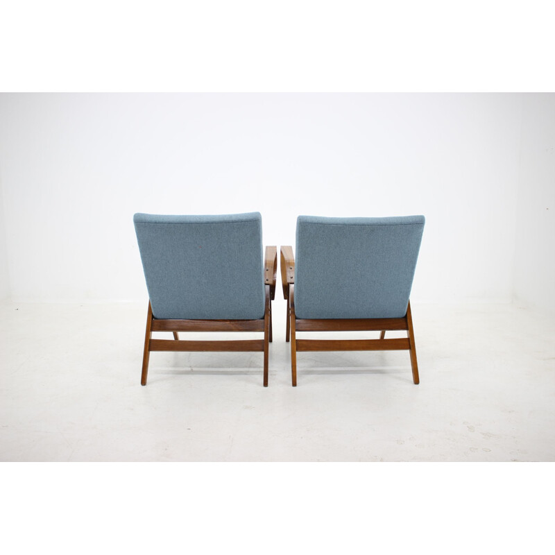 Set of 2 vintage armchairs by Tatra Czechoslovakia in blue fabric and wood 1970s