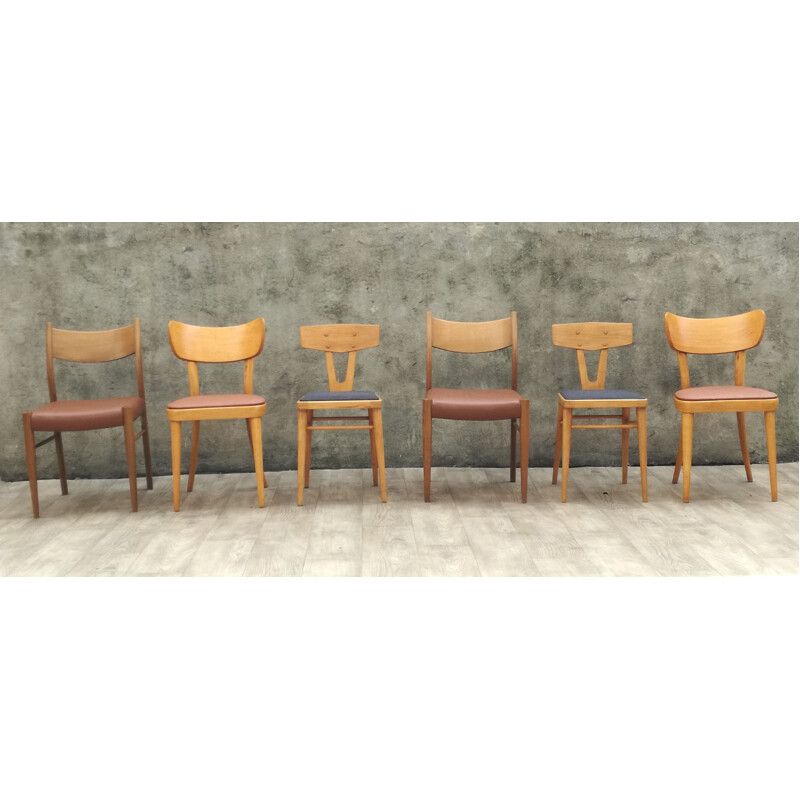 Set of 6 vintage mismatched chairs in wood 1960