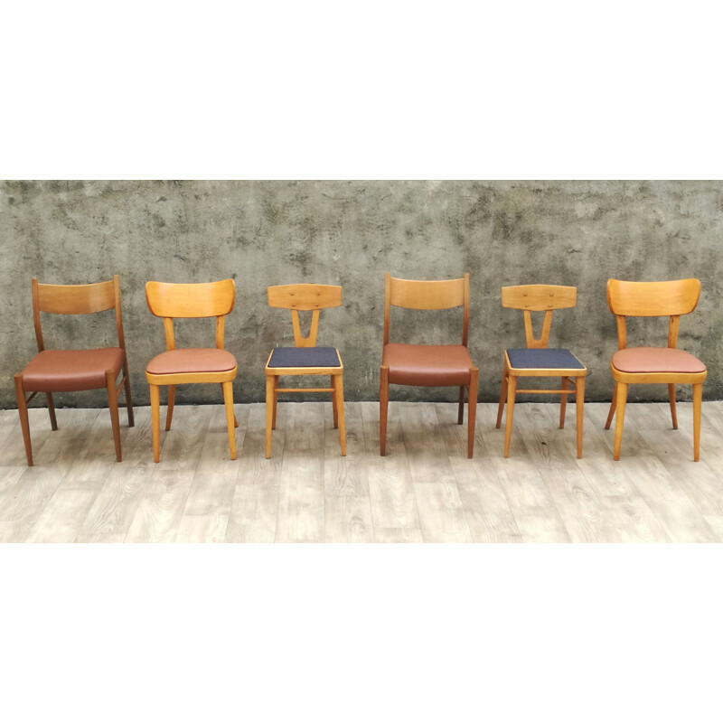 Set of 6 vintage mismatched chairs in wood 1960