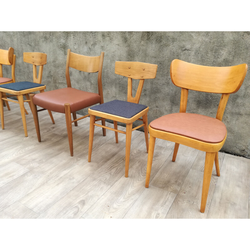 Set of 6 vintage mismatched chairs in wood 1960