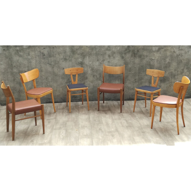 Set of 6 vintage mismatched chairs in wood 1960