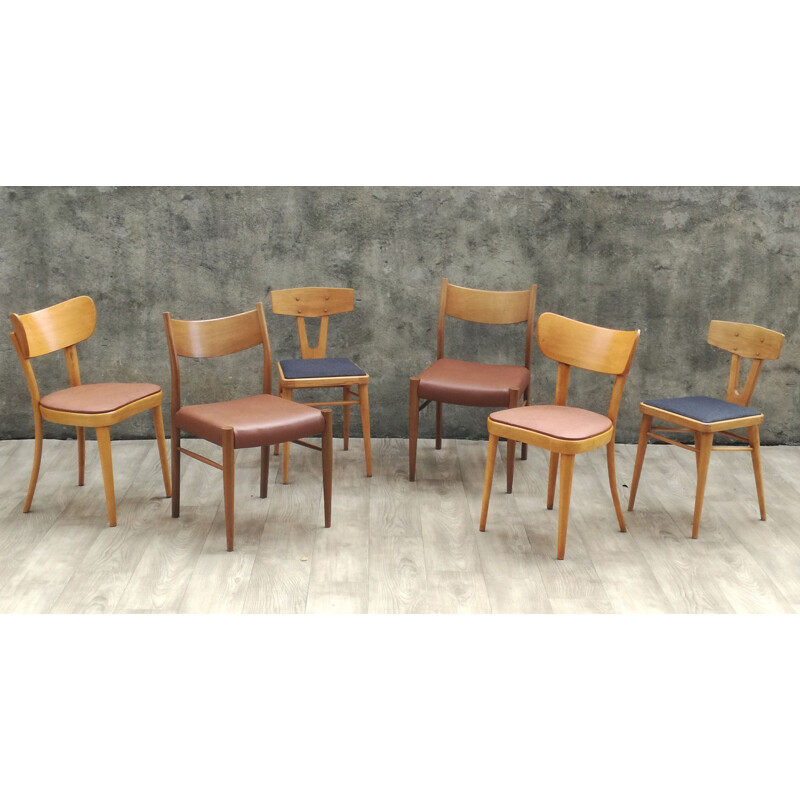 Set of 6 vintage mismatched chairs in wood 1960