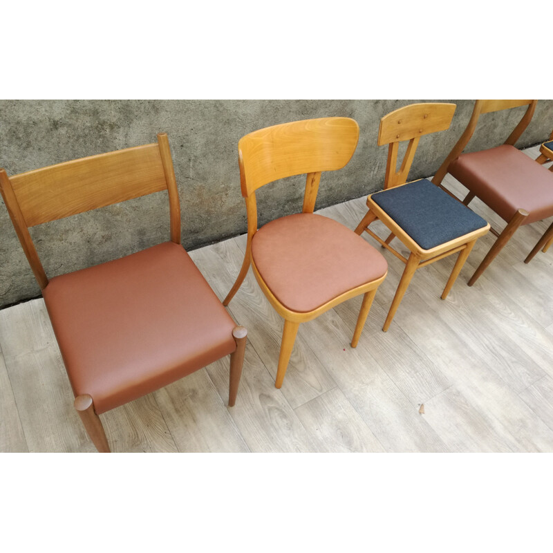 Set of 6 vintage mismatched chairs in wood 1960