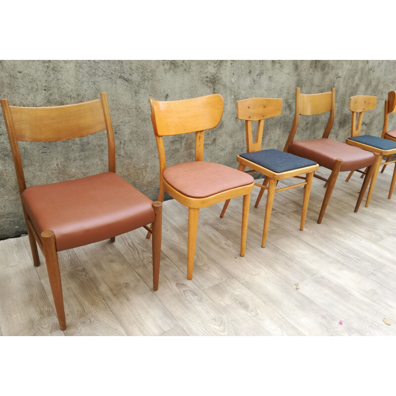 Set of 6 vintage mismatched chairs in wood 1960