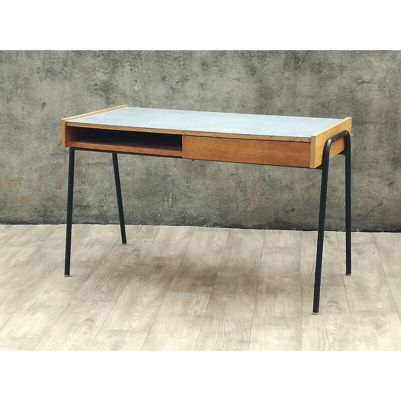 Bureau vintage Sonacotra de Pierre Guariche en chêne et métal 1950