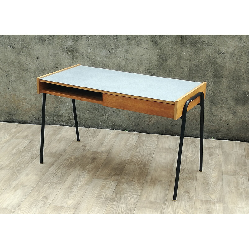 Vintage Sonacotra desk by Pierre Guariche in oak and metal 1950