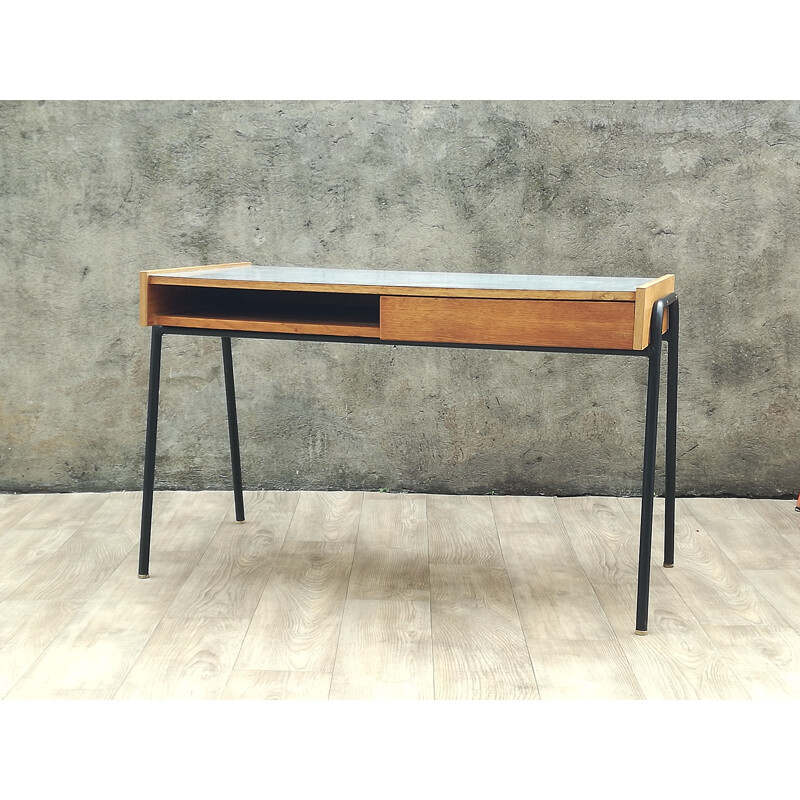 Vintage Sonacotra desk by Pierre Guariche in oak and metal 1950