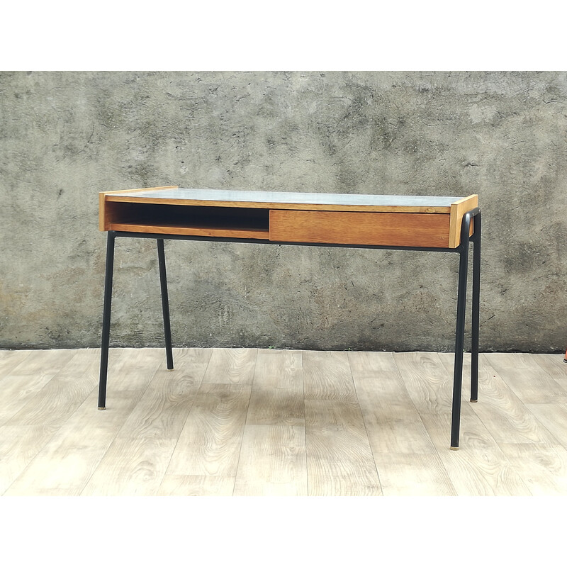 Bureau vintage Sonacotra de Pierre Guariche en chêne et métal 1950