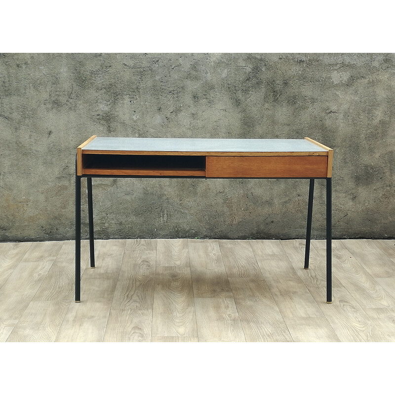 Bureau vintage Sonacotra de Pierre Guariche en chêne et métal 1950