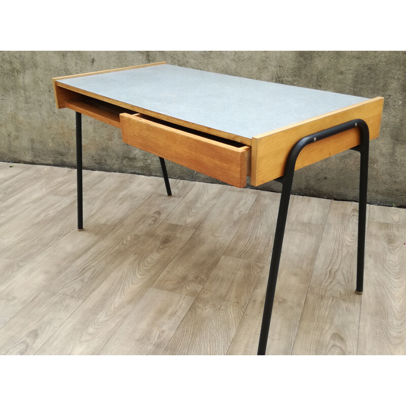 Vintage Sonacotra desk by Pierre Guariche in oak and metal 1950