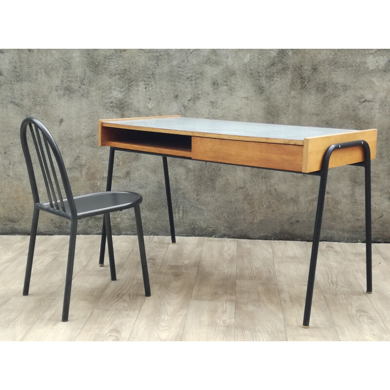 Vintage Sonacotra desk by Pierre Guariche in oak and metal 1950