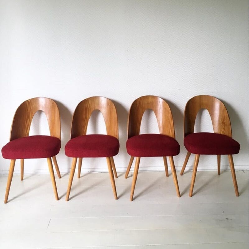 Suite de 4 chaises vintage pour Tatra Nabytok en tissu rouge et bois 1950