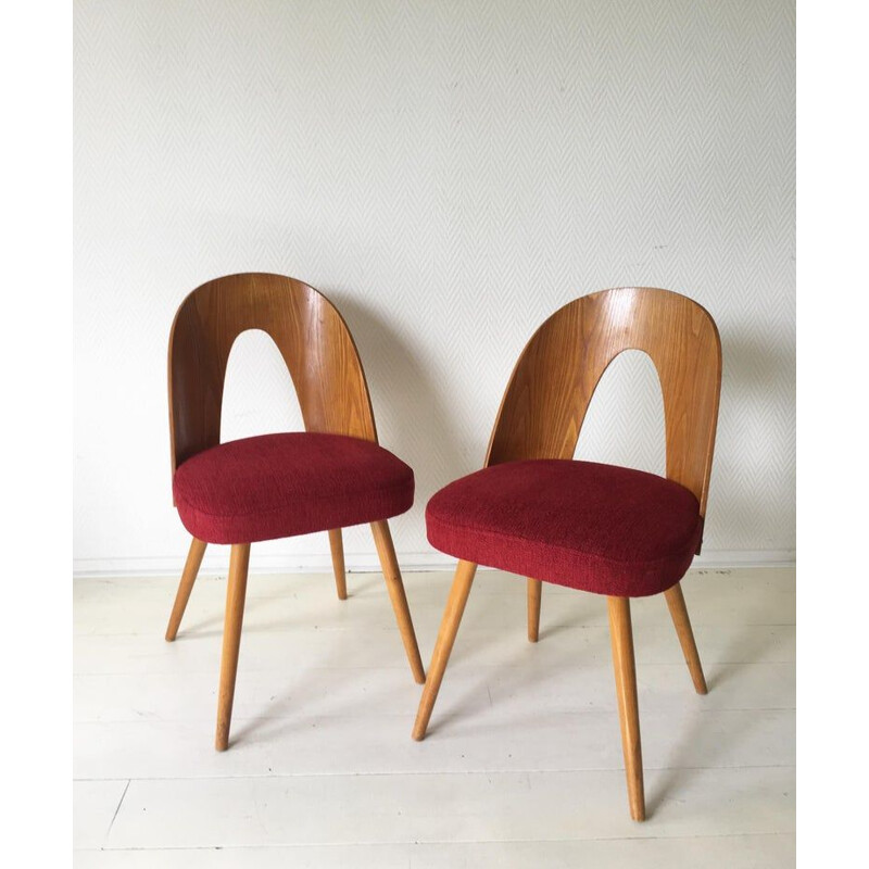 Set of 4 vintage chairs for Tatra Nabytok in red fabric and wood 1950s