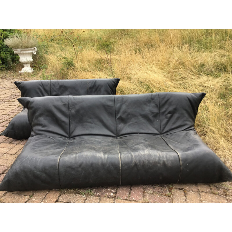 Vintage sofa for Ligne Roset in black leather 1970
