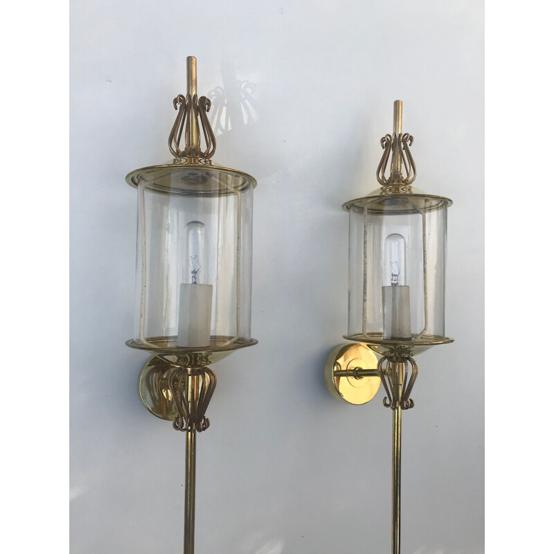 Pair of vintage sconces for Lunel in glass and brass 1960
