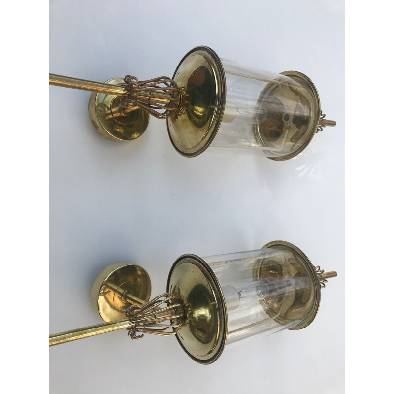 Pair of vintage sconces for Lunel in glass and brass 1960